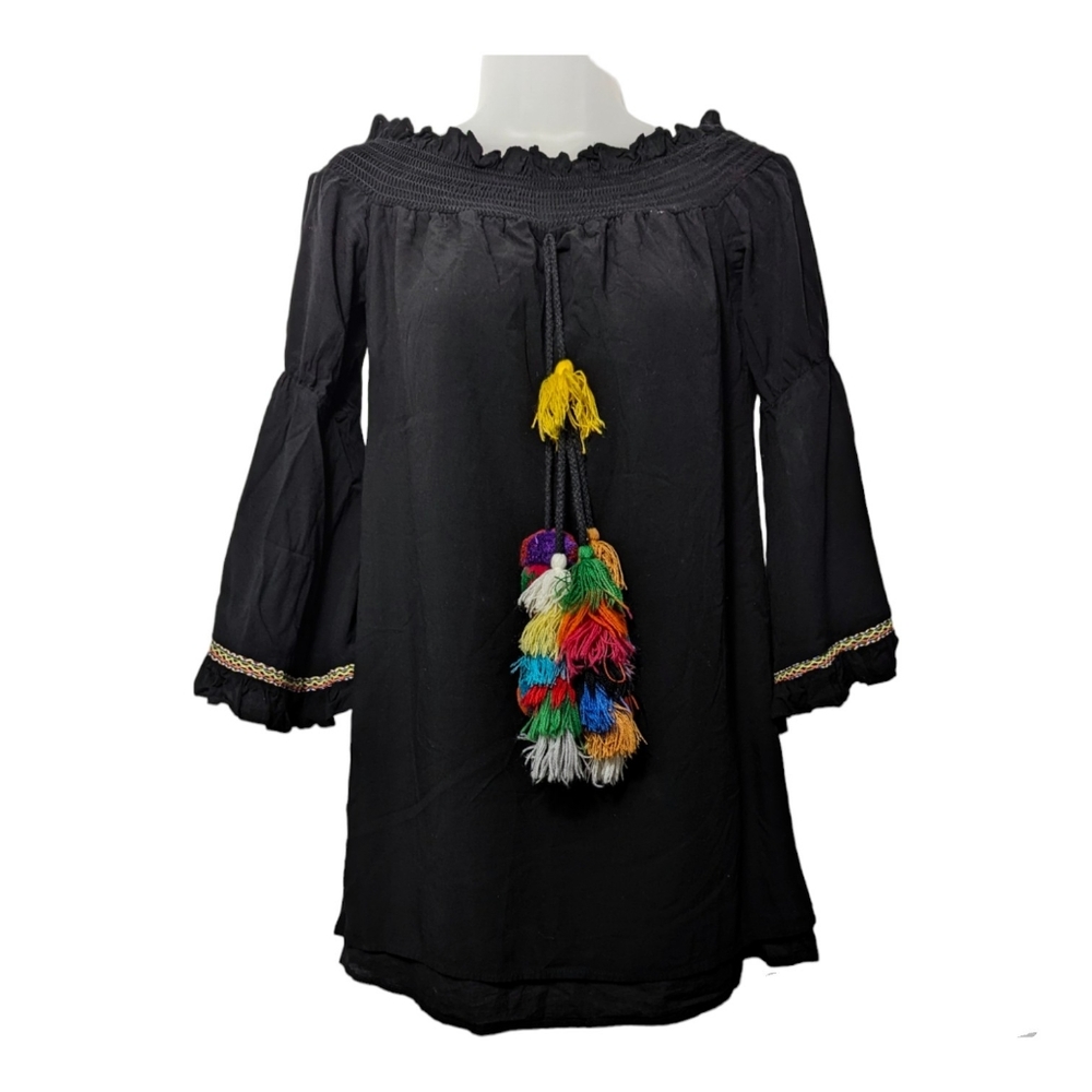 TeaNCup Women's Size S Smocked Black Festive Bell Sleeves Peasant Multicolor Top